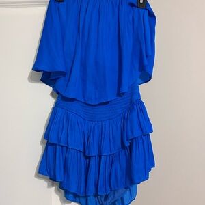 Blue Strapless Romper with Ruffled High-Low Design